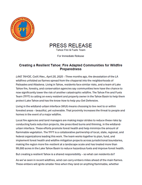 Lake Tahoe Fire Press Release